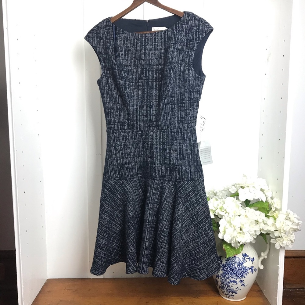 Eliza J Navy and White Tweed Fit-and-Flare Dress